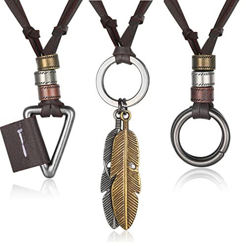 Jbniuay Kette Herren Lederkette Set Braun/Schwarz - Retro Leder Halskette mit Anhänger - Verstellbaren Herrenkette 3 Stücke (Braun)