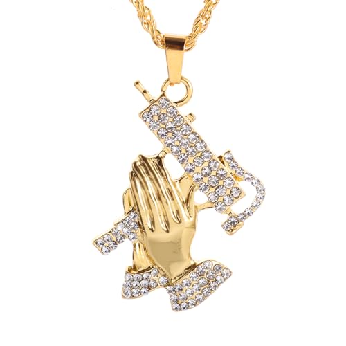 IOETSEUT Choker Halskette Gothic Halskette Kette Zart funkelnd Zirkon Intarsien Uzi Anhänger Männer Betende Hände Halskette Hip Hop Rock Party Schmuck Geschenk Beste Freundin Geschenke Freundschaft