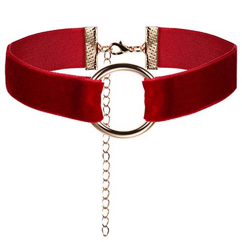 JewelryWe Schmuck Damen Choker Halskette mit O-Ring Anhänger Weinrot Stretch Samtleder Velvet Gothic Halsband Liebey Kette Handarbeit