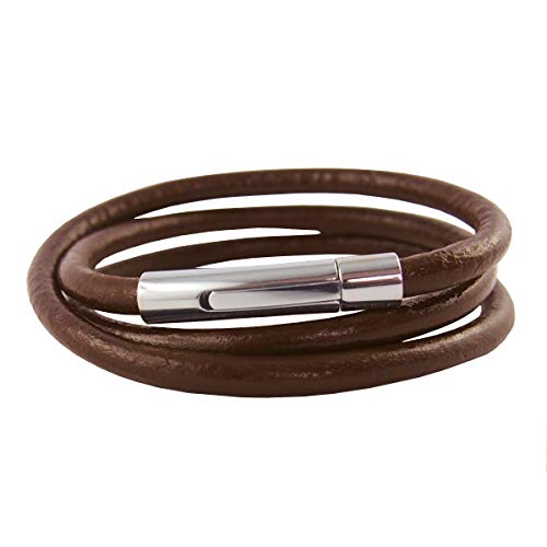 König Design Lederkette Lederhalsband Lederarmband Glatt 2 mm Herren Halskette Braun 90 cm lang mit Hebeldruck Verschluss Silber Rund