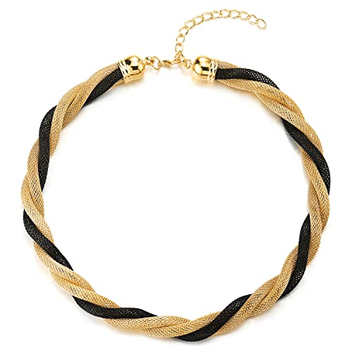 COOLSTEELANDBEYOND Gold Schwarz Statement Halskette Anhänger, Geflochtene Hohl Kabel Lätzchen Halsband Choker, Abschlussball