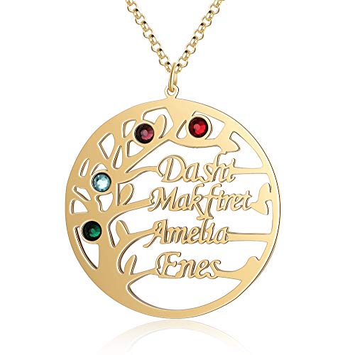 kaululu Personalisiert Damen Baum des Lebens kette mit Gravur 2 bis 4 Familie Namen Stein Namenskette 925 Silber Anhänger für Mutter BFF Schmuck Halskette Geburtstag (Gold, 4 name)