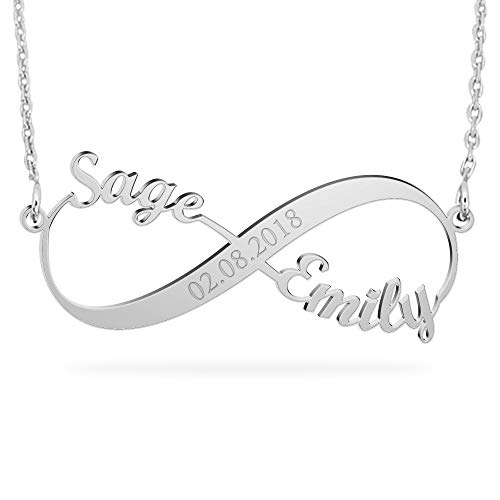 JOELLE JEWELRY Namenskette Unendlichkeits Ketten mit Wunsch Datum Persönalisierte Infinity Namen Halskette 925 Sterling Silber für Paare Love