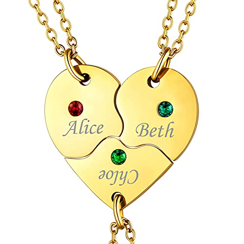 Custom4U Personalisierte BFF Freundschaftsketten für 3 mit Namegravur 18K Vergoldet 3 Stücke Herz Puzzle Ketten mit Geburtsstein Geschenke für Pärchen Kette Beste Freundin Kette Familienkette