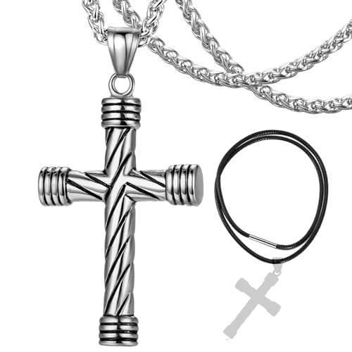 DXIUORF Gothic Vintage Kreuz Anhänger Halskette Edelstahl Unisex mit 2 Silber Kette 55-60cm, große Punk Kreuz Halskette Geschenk für Männer Jungen