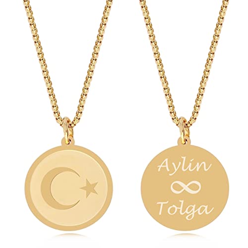 TIMANDO Damen Namenskette Türkei, Ay Yildiz Kette mit Gravur, Anhänger Türkischer Halbmond Stern Flagge, Personalisierte Halskette Namen (goldfarben)