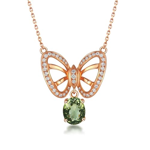 Bishilin Kette Rotgold Damen 750 Echtgold mit Anhänger, Halskette Schmetterling mit Grün Turmalin 1ct Kette 45CM Rosegold für Frauen