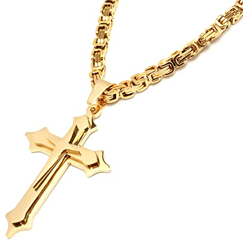 Schmuck-Checker Herren Halskette mit großem Kreuz-Anhänger in gold aus hochwertigem 316L Edelstahl vergoldet Königskette Männer Geschenk