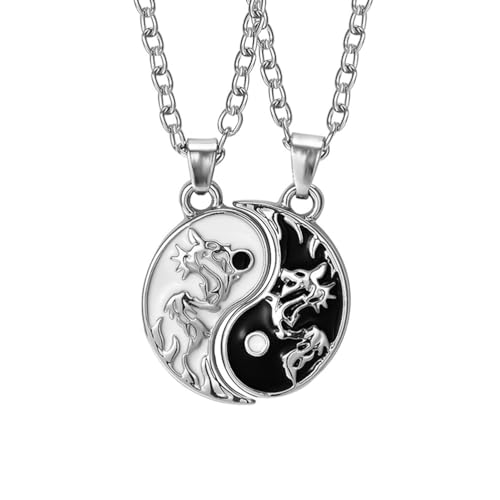 MiaLover 2 Stück Yin Yang Paar Halskette Taichi BFF Kette Freundschaftsketten Schwarzer und weißer Anhänger mit Drachenschnitzerei Schmuck Ketten für beste Freunde Liebhaber und Couple Geschenke