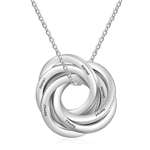 kaululu Damen Russische Ring Disc Halskette mit 6 Namen Gravur Edelstahl Anhänger Kette mit Gravur Personalisierter Schmuck Familie Kette
