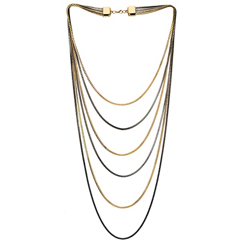 COOLSTEELANDBEYOND Schwarz Gold Choker Kragen Halsband Statement Halskette Wasserfall Multi-Schichten Box Kette Anhänger Abendkleid