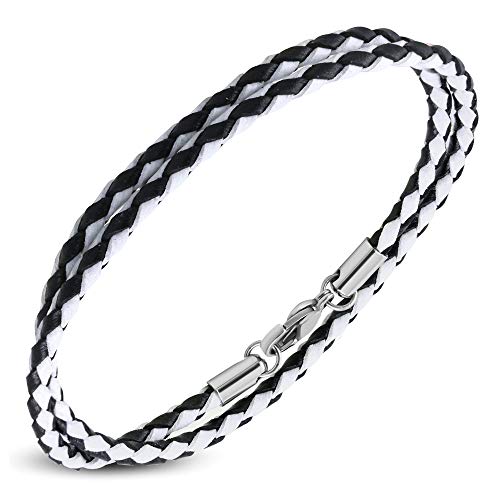 BlackAmazement 45cm 3mm stark Leder Kette Band Halskette Wickelarmband geflochten rosa weiß blau braun schwarz rosa Karabinerverschluss (Weiß/Schwarz)