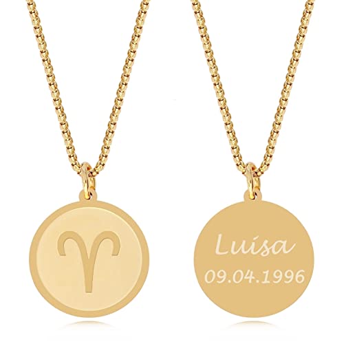 TIMANDO Damen Sternzeichen Kette Widder mit Gravur, Personalisierte Halskette mit Namen in goldfarben, Horoskop Anhänger, Geburtstagsgeschenk