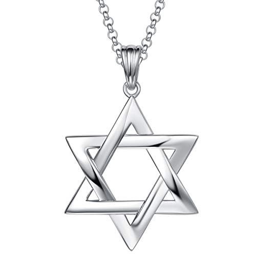 Solide 925 Sterling Silber mit Weiß Vergoldet Magen David Stern Anhänger mit Silber Kette DavidStern für Herren Jungs Kinder - Kettenlänge: 60 cm