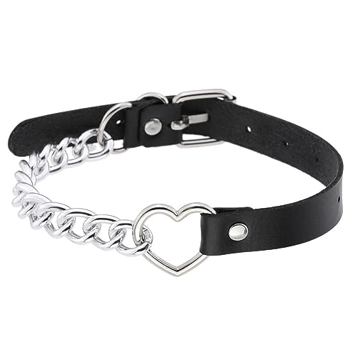 LAFATINA Schwarzes Gothic Leder Ketten Choker Halsketten für Frauen Herz Cosplay Kragen Halsband Verstellbar