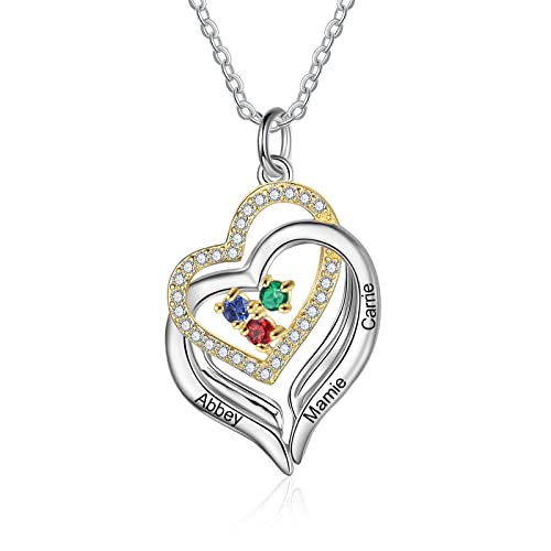 Herz Halskette für Damen Silber 925 Personalisierte Herzkette mit 3 Namen Gravur Kette mit Geburtssteine​​ für Mama Tochter Freundin Frau Frauen Valentinstag Geburtstags Geschenk (Silber-2)