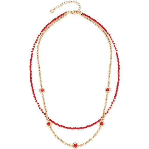 JEWELS BY LEONARDO Halskette Florena doppelreihige Kette aus goldfarbenem Edelstahl aufgereihte rote Glassteine und eingesetzte Blüten-Elemente 42-47 cm Länge Damen Schmuck 023545