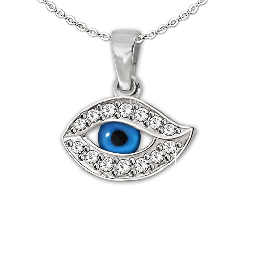 CLEVER SCHMUCK Set Silberner sehr kleiner Damen Anhänger sehendes Auge 8 x 14 mm blau viele Zirkonia weiß glänzend mit feiner Kette Anker 45 cm STERLING SILBER 925 im Etui blau