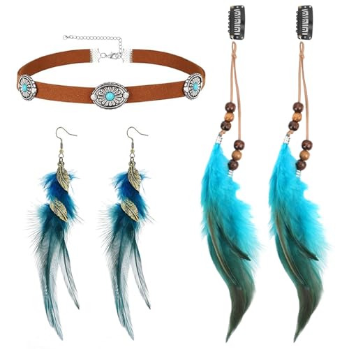 Feder Haarschmuck Clip, Kopfschmuck Haarverlängerung mit Federn, Lederkette Braune Wildleder, Feder Ohrringe, für Faschingskostüm Karneval Halloween Verkleiden