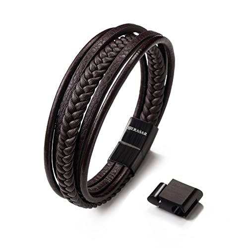 SERASAR Lederarmband Armband Herren Braun 21cm - Herrenarmband Männer-Armband Leder-Armreif Herrenschmuck Flecht-Armband Leder-Wickelarmband Leder-Kette Armbändchen Men Leather Bracelet Geschenk Ihn