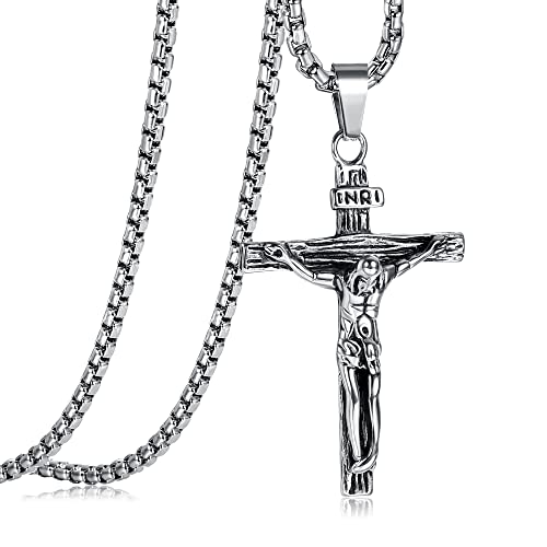 JeweBella Kreuz Halskette Herren Edelstahl Jesus Kruzifix Anhänger Halskette mit venezianischer Kette 61 cm Silber/Gold/Schwarz Religiöser Schmuck Geschenk