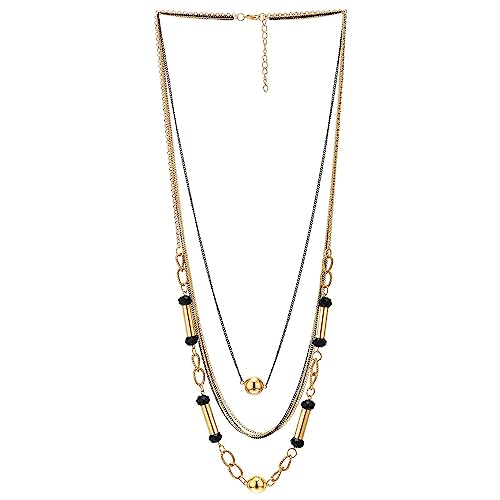 COOLSTEELANDBEYOND Gold Schwarzes Statement Halskette, Wasserfall Mehrfachstrangketten mit Schwarzen Perlen, Rohr Anhängern und Kreis Link