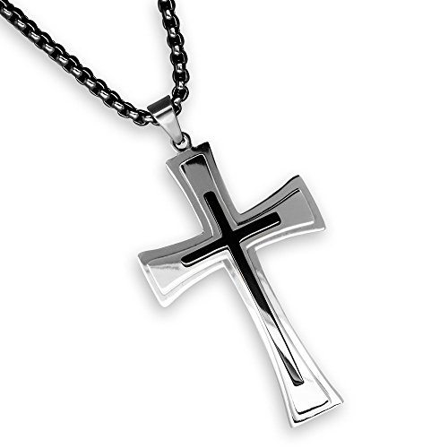 Soul-Cats Kreuz Anhänger Kettenanhänger Silber schwarz Kette Edelstahl Kruzifix, Farbvariante: Schwarz. Kette Schwarz; Kettenlänge: 55 cm