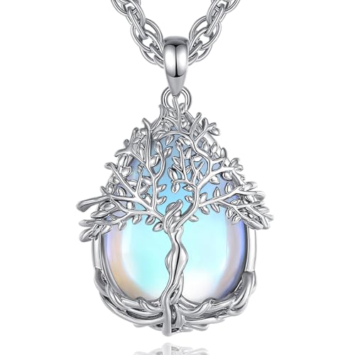 AEONSLOVE Lebensbaum Kette Mondstein Lebensbaum Halskette Damen Frauen Mondstein Anhänger Baum des Lebens Kette Kristall Kette Kristallkette Heilsteine Kette Edelstein Schmuck