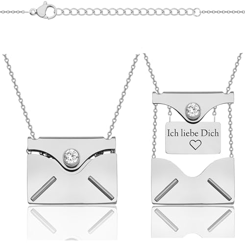 Lumari Gold Personalisierte Halskette mit Umschlag Anhänger Briefumschlag Medaillon zum Öffnen Gravur-Plakette im Inneren– Edelstahl Kette – Geschenkidee für Geburtstag (Silber Umschlag Zirkonia)