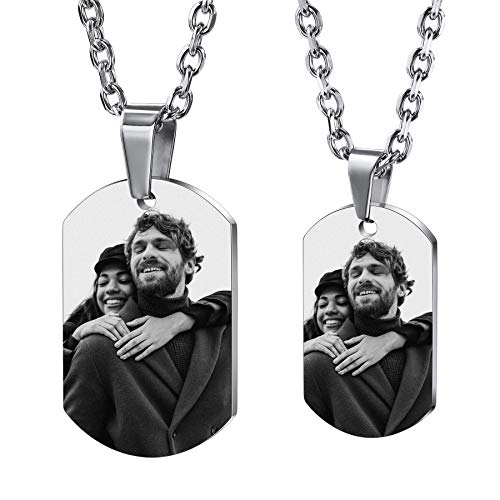 MeMeDIY Personalisierte Dog-tag Halskette Gravur Foto/Name/Datum/Kalender mit Bild Anhänger Halskette für Männer Frauen Jungen Mädchen Paare Denkmal Edelstahl Liebesschmuck (Silber Farbe)