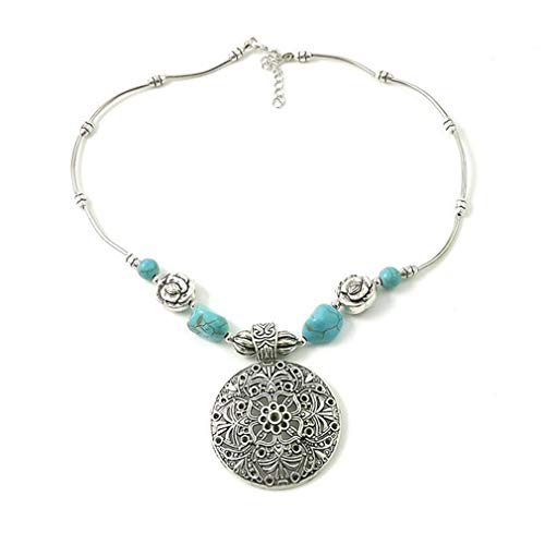 YAZILIND Retro Ethno Style Halskette Türkis Klassische Scheibe Geschnitzte Blume Anhänger Schlüsselbein Kette Halsketten Damenschmuck