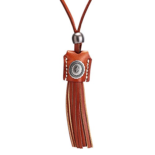Bishiling Herren Leder Kette mit Anhänger Beutel Graviert Blumen mit Quaste Verstellbaren Halsktte Braun Surferkette Einstellbar Braun