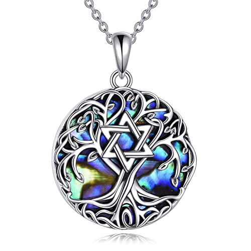 YFN Baum des Lebens Halskette Sterling Silber Davidstern Lebensbaum Anhänger Kette Abalone Shell Keltischer Schmuck Geschenke für Damen Herren