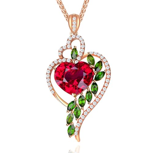 Bishilin Rotgold Kette Damen 585 mit Anhänger, Halskette Herzen mit Rot Turmalin 4ct und Tsavorite 0.97ct Charms Anhänger Kette 45CM Rosegold