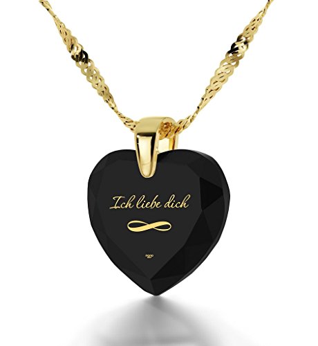Vergoldete Herzkette Ich Liebe Dich und Unendlichkeitszeichen Graviert mit 24k Gold auf 17mm Zirkonia Anhänger in Schwarz, 45cm Gold-filled Kette