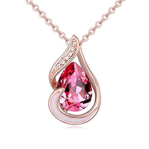 Bungsa Kette  PINK TEAR  Damenkette rotgold farben 45cm - offener Anhänger mit fuchsiafarbenem KRISTALL in Tropfen Form & klarem Strass - Halskette Frauen rosa - necklace red gold crystals pink