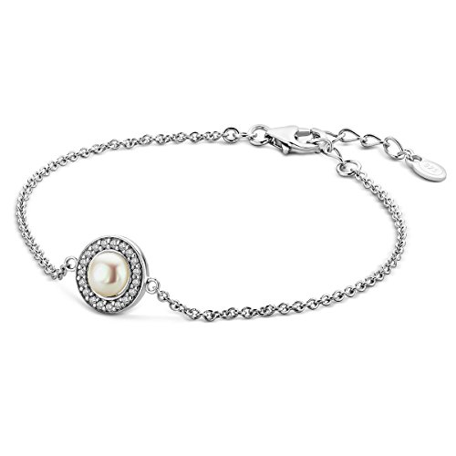Miore Damen Sterling Silber (925) Armband mit Perle und Brillantschliff Zirkonia 18+4 cm Silberkette