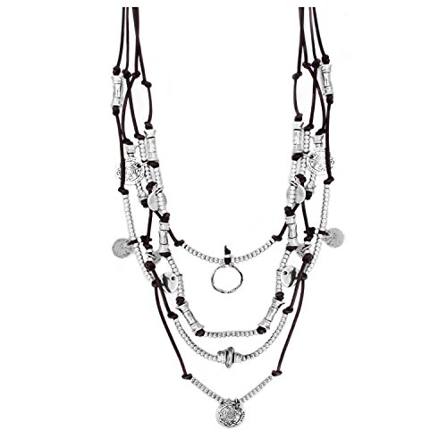 Beau Soleil Jewelry Lange Halskette Lederkette mehrreihig mit Münzen Anhänger Ibiza Kette (Braun)