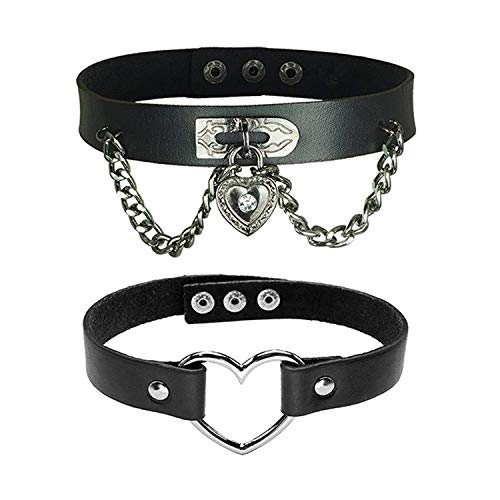 PPX 2 Stück Damen Herren Lederhalsband Choker, Punk Rock Lederkette Halskette Halsband mit Herz Anhänger Druckknopf Einstellbar Verstellbaren, Schwarz Silber