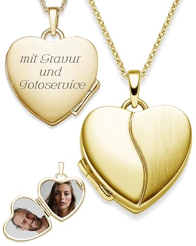 Herz Medaillon zum Öffnen für Bilder Gelbgold | Kette Damen Medallion mit Bild | Foto Amulett Anhänger Herzmedallion| Halskette Herzkette mit Gravur