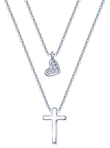 Yumilok 925 Sterling Silber Zirkonia Herz Kreuz Anhänger Halskette Verstellbare Kette mit Anhänger Doppel Kettchen für Damen Mädchen