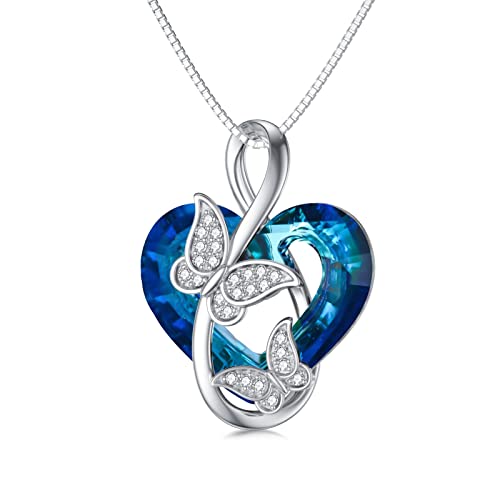 Flpruy Schmetterling Infinity Kette 925 Sterling Silber, Schmetterling Unendlichkeitszeichen Herz Blau Kristall Halskette mit Geschenkbox, Schmetterling Schmuck Geschenke für Frauen Mädchen Frauen