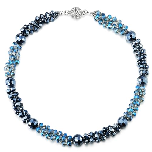 COOLSTEELANDBEYOND Blau Perlen Kristall Cluster Statement Halskette Geflochtene Kette Halsband Choker Halskette, Magnetverschluss