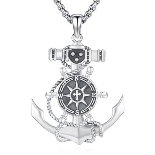 Eusense Anker Halskette 925 Sterling Silber Kompass Halskette Kette Anker Anhänger Halskette Schmuck Geschenk für Männer Frauen