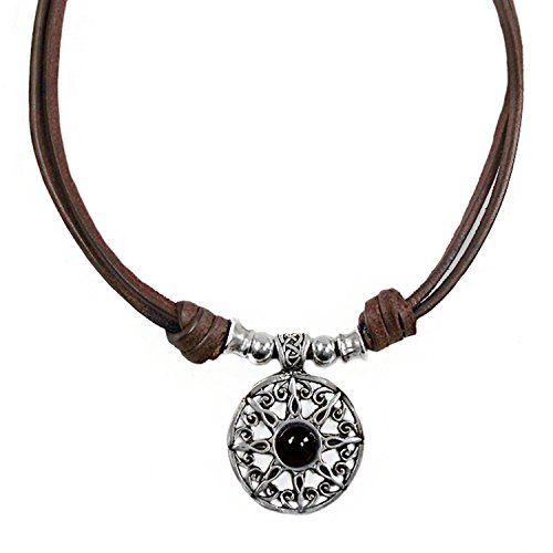 Beau Soleil Jewelry Damen Lederkette Halskette mit Onyx Sonnen Anhänger Längenverstellbar Lederschmuck mit Edelstein (Braun)