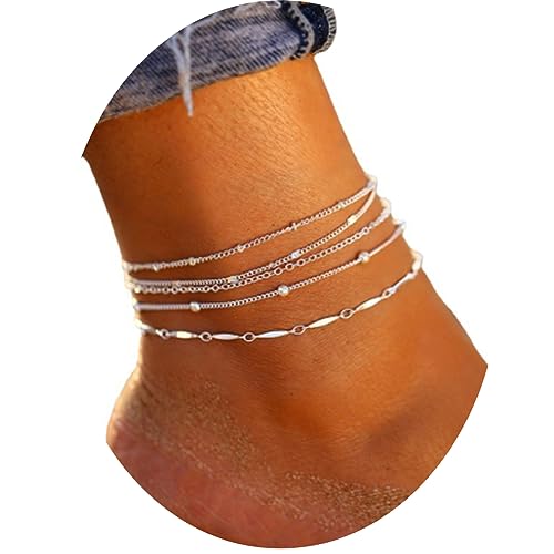LYQNIHOB 5-teiliges Set: Boho Fußkettchen mit Perlen und mehreren Silberketten - verstellbares Accessoire für Strand und Alltag Schmücke deine Füße mit diesem stilvollen Schmuckstück für Frauen