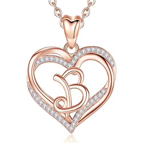 INFUSEU Schmuck Damen Buchstaben, Kette mit Buchstabe B Initial Alphabet Schmuck Rosegold Cubic Zirconia Double Herz Anhänger und 20 Zoll Kette für Weibliche Namen Geschenke
