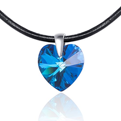 Damen Leder-Kette schwarz Swarovski Elements Herz blau längen-verstellbar Schmuck-Beutel Partner Geschenke