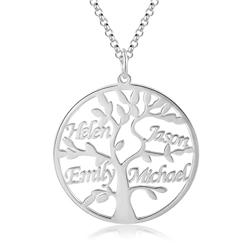 Namenskette 925 Sterling Silber Personalisierte Namen Lebensbaum Halskette Stammbaum des Lebens Anhänger mit Gravur 1-8 Namen Mutter BFF Familien Schmuck Geschenk (Silber, Kupfer)