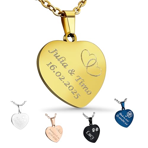 Hanessa Personalisierte Kette mit Gravur Edelstahl 50 cm mit Anhänger Herz in gold - Personalisierte Halskette für Frauen - Personalisierter Schmuck Damen Kettenanhänger